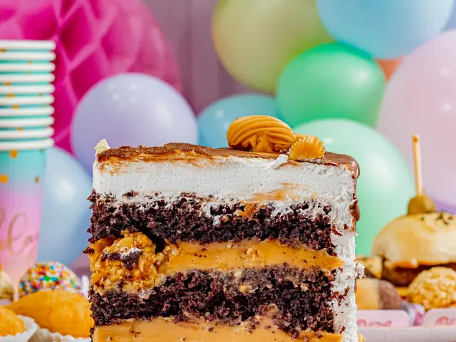Fatia de torta com massas de chocolate e recheio de doce de leite em camadas