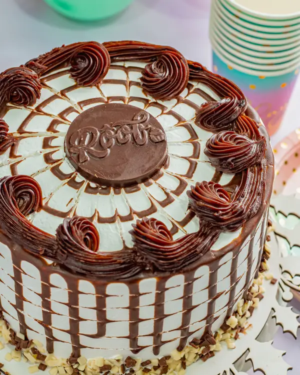 Torta casadinha branca com calda de chocolate escorrendo e rosetas de chocolate